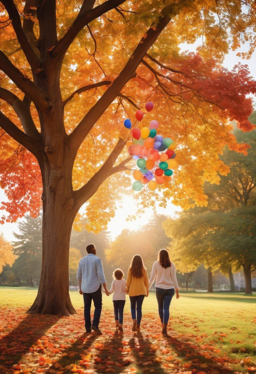 A joyful family gathered in a sunlit park, exploring a vibrant family tree chart filled with colorful leaves representing their ancestors. Children play nearby, with balloons and laughter in the air, symbolizing heritage and joy. Incorporate a sunset backdrop for a warm, nostalgic vibe. painterly style. vibrant colors. soft focus.