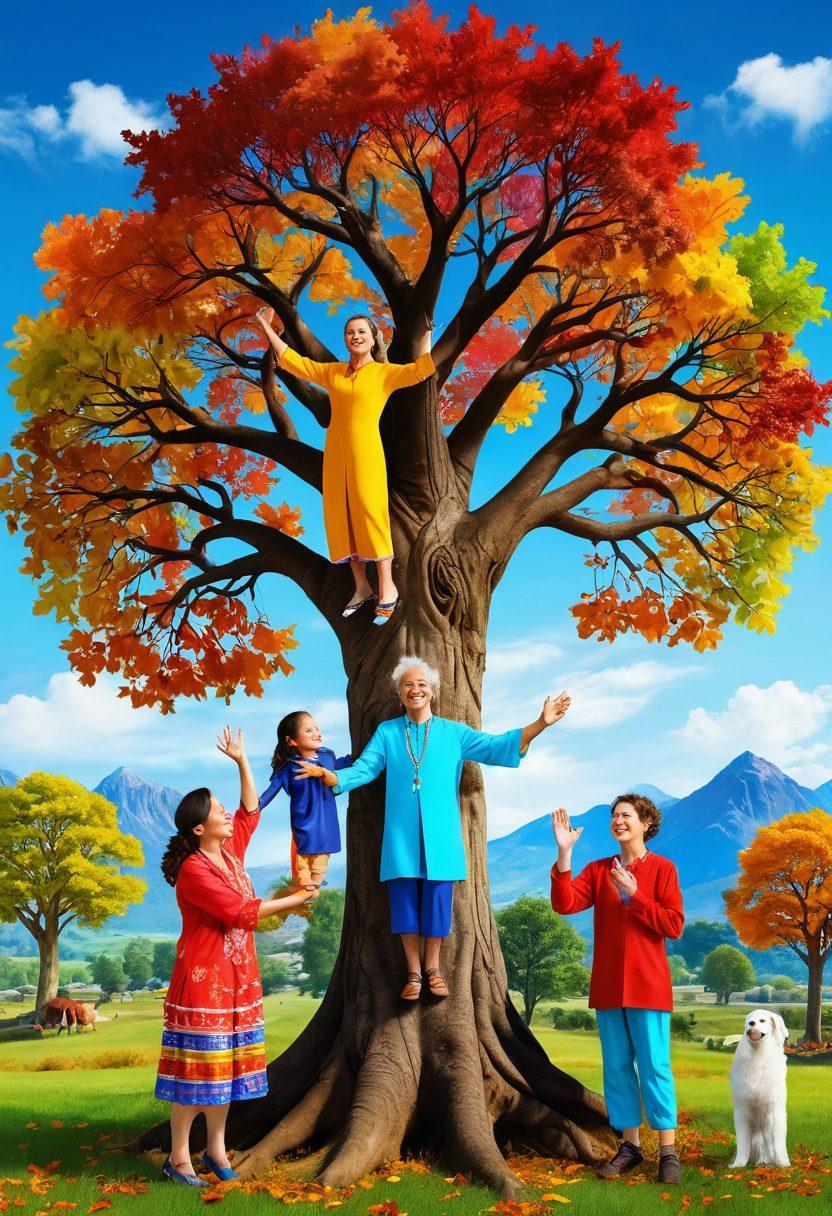 A vibrant family tree bursting with colorful leaves, each representing joyful family members, surrounded by playful symbols of heritage like traditional clothing, joyful cultural motifs, and laughter. In the background, a picturesque landscape symbolizing unity and history, with a bright blue sky. super-realistic. vibrant colors. 3D.