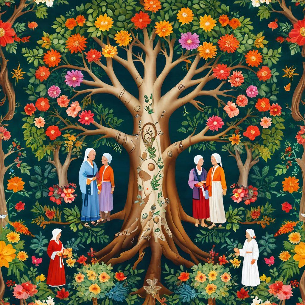 A beautiful family tree bursting with vibrant leaves and flowers, symbolizing diverse heritage, featuring joyful family members from different generations interacting with each other, surrounded by symbols of cultural milestones like traditional clothing and artifacts, set in a serene natural landscape. vibrant colors. super-realistic.